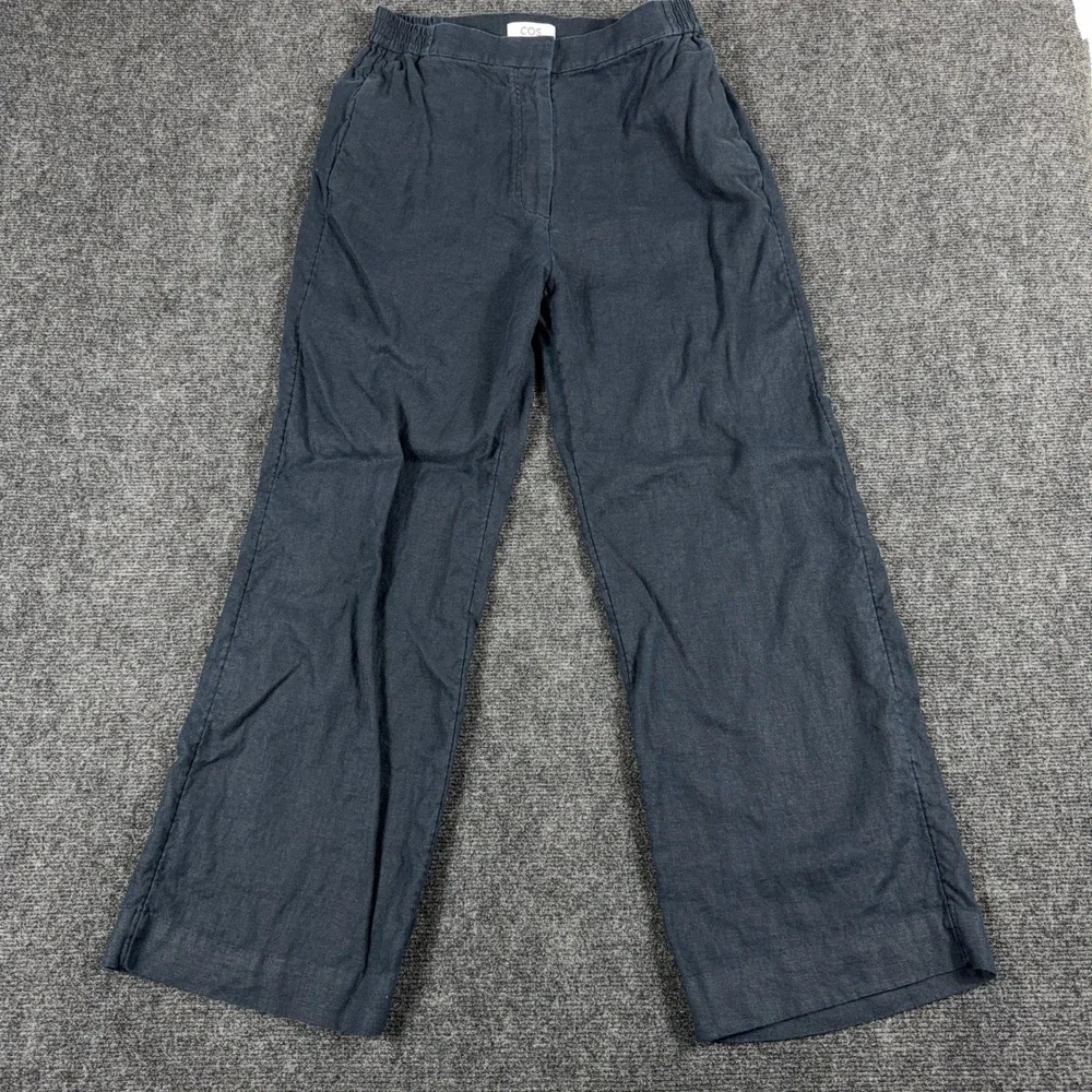 COS Wide Leg Linen Pants Elastic Waist Minimalist Trousers Size‎ 8 Navy Blue